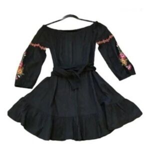 Black Off-Shoulder Dress with Floral Embroidery